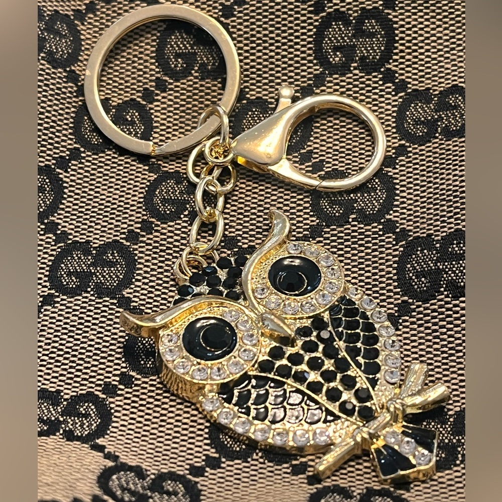 Owl Gold Bag Charm Keychain with Black Enamel and Rhinestones